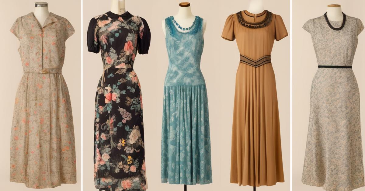 Kolaż przedstawiający najbardziej pożądane ubrania vintage: sukienkę koktajlową z lat 40., rozkloszowaną spódnicę z lat 50., elegancki płaszcz z lat 60. oraz spodnie i bluzkę z lat 70.