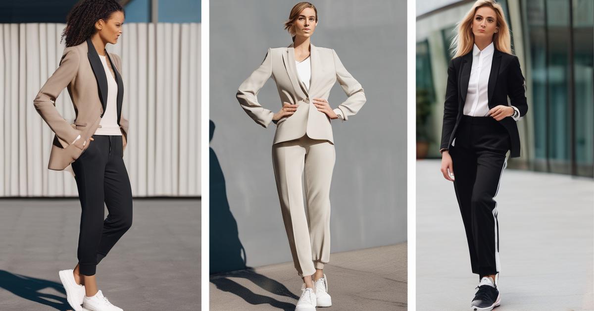 Kluczowe elementy garderoby w stylu sportowa elegancja: marynarka, sneakersy, top i spodnie.